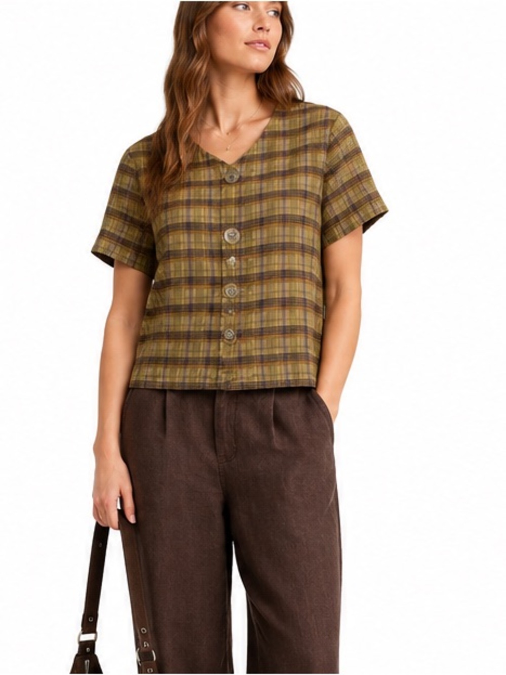 Vintage 90s Plaid Button Front Blouse Olive Brown Boxy Cottagecore Top